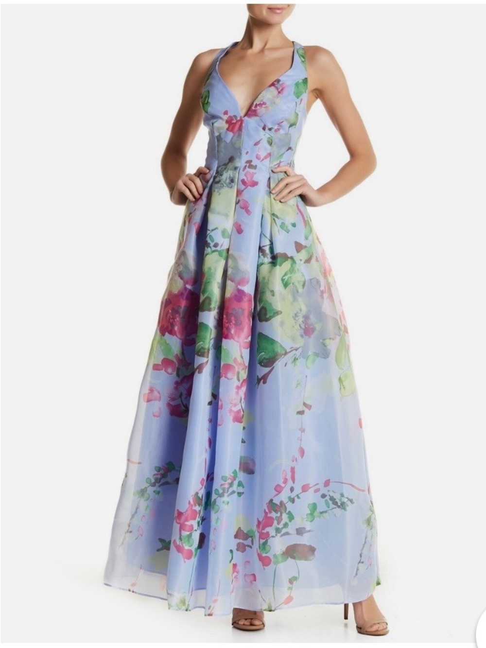 698. MARINA Light Blue Floral Print Maxi Dress